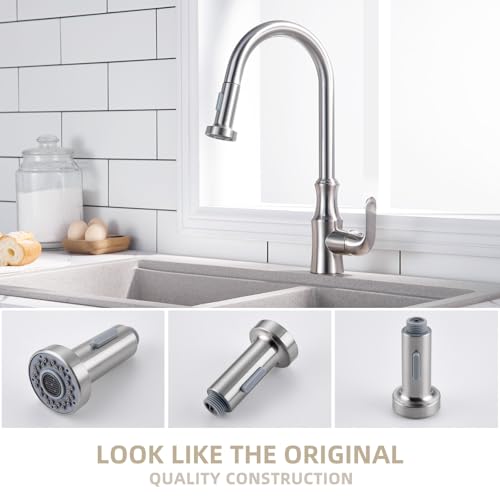 Angle Simple Kitchen Sink Sprayer Replacement, Male Thread Type G 1/2 or 13/16 Inch, NSF/ANSI/CAN 61 & 372 Testing, Faucet Head Attachment, Stream and Spray Mode, Brushed Nickel