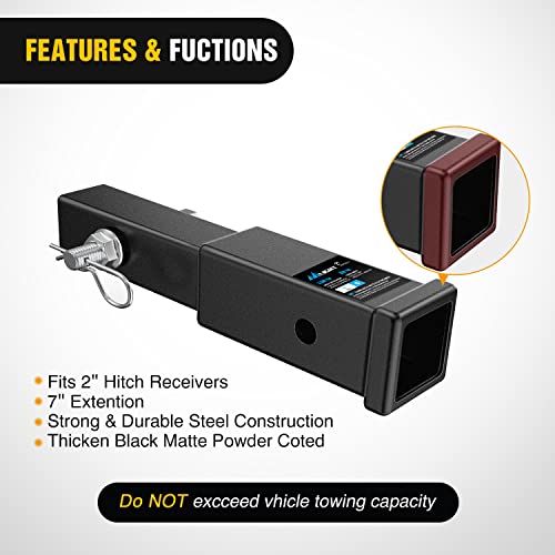 Image of Nilight Trailer Hitch Extender 7 inch Extension Length Fits for 2 inch Receiver Tube with 5 /8 inch Stainless Steel Bolt Flange Nut and Clip 3,500 lbs GTW Matte Black