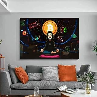 Hooe England™ Hacker Meditation Bitcoin Logo Design Painting Canvas Wall Art Poster Home Decoration Waterproof Ink No Frame 70x100cm