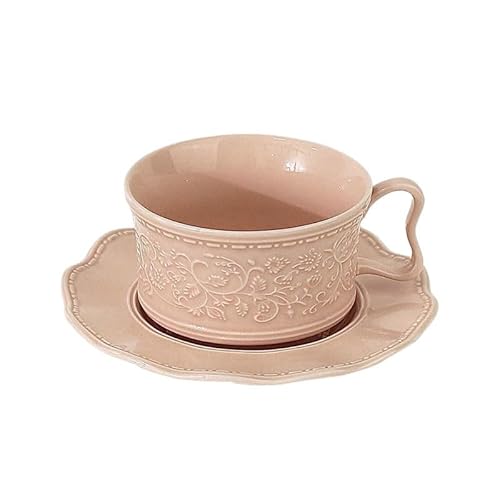 JSEIAJB Solid-color Embossed French Coffee Cup Ceramic Housewarming Birthday Wedding Gift(Pink)