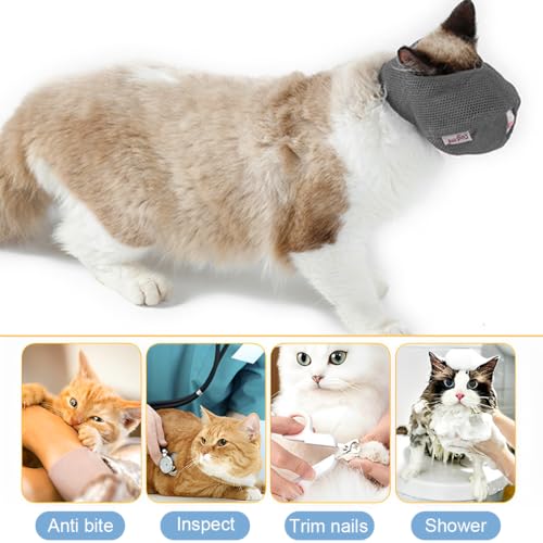 EIHI 1 Stück Katze Maulkorb mit Atmungsaktivem Mesh, Maulkorb für Katzen Verhindern Beißen Kauen Katzenpflege (Größe S, Grau)