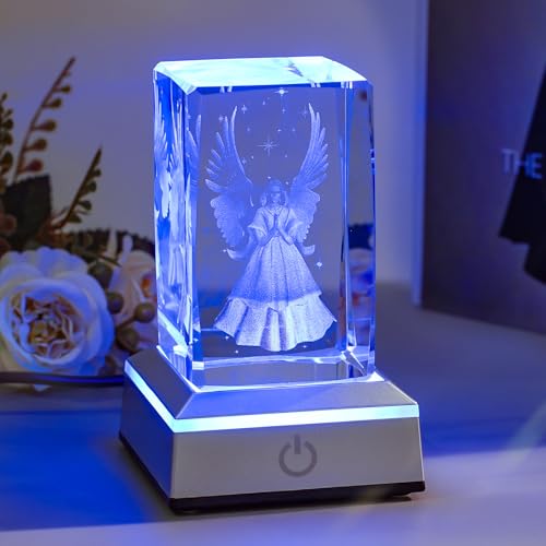 Image of 3D Guardian Angel Crystal Night Light with Multicolor LED Base Glass Laser Engraved Guardian Angel Figurines Statue Lamp Gifts for Women Friends Birthday Christmas Room Decor