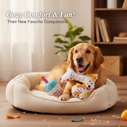 Paquete de 3 juguetes chirriantes de felpa para perros, juego de regalo de pastel de cumpleaños y hueso, juguetes interactivos para masticar para cachorros y perros, alivio del aburrimiento y - imagen 7