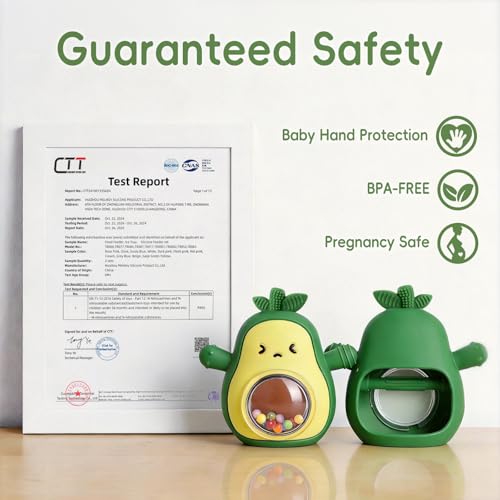 Image of Baby Teether & Rattle Toys Avocado Teething Mitten for Sucking Needs -Anti Dropping Wrist Hand, Silicone Teethers Baby Chew Toys for Babies Over 3 Months, BPA Free