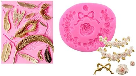 Astra Gourmet Vintage Feather Mold Flower Baking Molds Party Silicone Fondant Molds Cake Decorating Tools Gumpaste Cupcake Topper Decorations Resin Clay Chocolate Candy Moulds, Set of 2