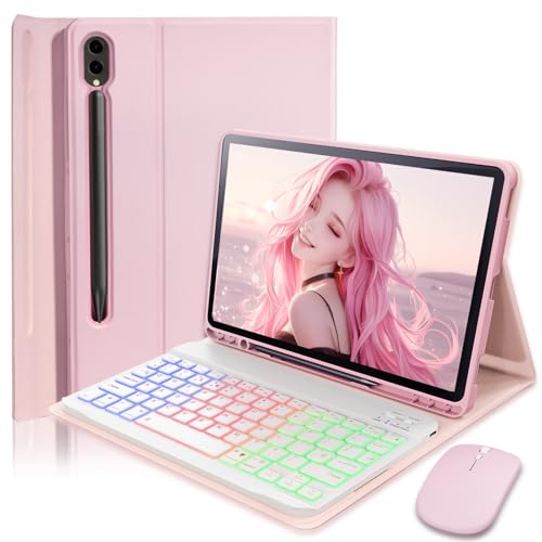 Backlit Keyboard Mouse Case for Samsung Galaxy Tab S10+ Plus / S9+ Plus / S9 FE+ Plus / S8+ Plus / S7 FE / S7+ Plus 12.4-inch with Wireless Bluetooth British Layout Keyboard and Mouse, Pink