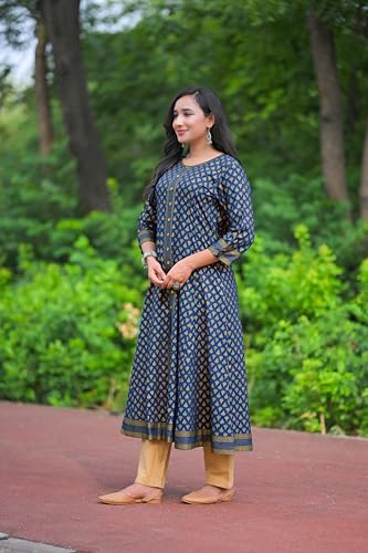 Image of Yash Gallery Women's Rayon Relaxed Fit A Line Golden Floral Printed A-Line Kurta