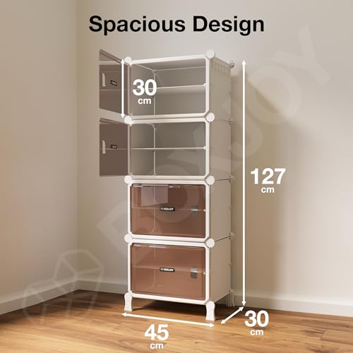 Image of BOXJOY 8 Shelf White Shoe Rack for Home with 4 Brown Doors, Hard PET Plastic with Metal Door Frame, Shoe Chappal Slipper Sandals Stand