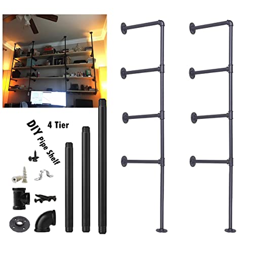 Industrial Wall Mount Iron Pipe Shelf Shelves Shelving Bracket Vintage Retro Ceiling Hung shelf DIY Open Bookshelf Storage for office Room Kitchen (2PcsX4Tier,56" Tall,12"deep,Hardware Only)