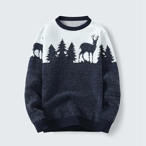 Men Sweater Black White Elk Tree Graphic Crew Neck Long Sleeve Knitted Top Business Foreign Trade Loose Winter Jumper2