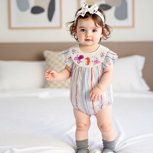 Baby Girl Ocean Animal Outfit Crab Seahorse Octopus Embroidery Sleeveless Smocked Bubble Romper Infant Beach Clothes3