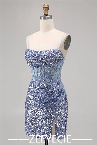 Zeeyecie Lace Applique Sequin Homecoming Dresses 2025 Spaghetti Straps Beaded Ruched Sparkly Short Prom Dress for Teens4