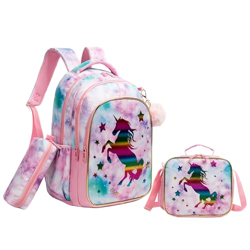 Conjunto de Mochila Escolar Infantil com Bolsa Térmica e Estojo - Ideal para Meninos e Meninas de 7 a 12 Anos (Unicórnio)