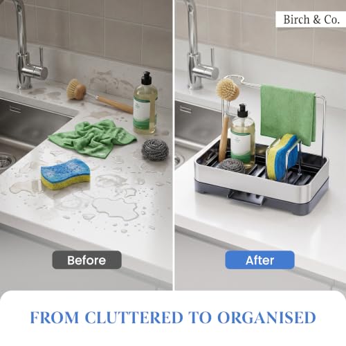 Image of Birch & Co. Kitchen Sink Caddy Organizer, Stainless Steel Countertop Storage Rack with Sponge Holders, Dishcloth Towel Bar & Brush Holder, Self-Draining Sink Organizer