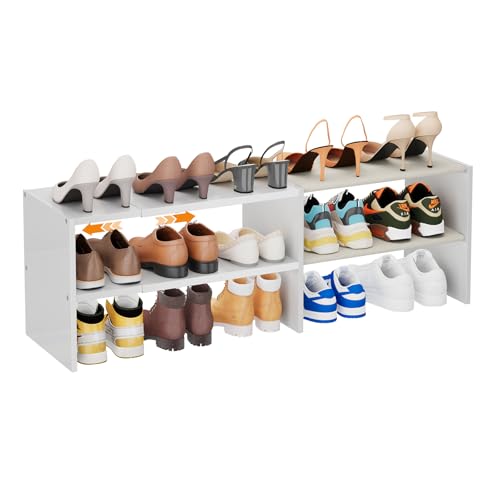X-cosrack Long White 11.02″Shoe Rack for Closets, Stackable and Expandable Shoe Organizer, Suitable for Entryways, Garages, Storage Shelves Made of MDF, Oxford Cloth and Iron