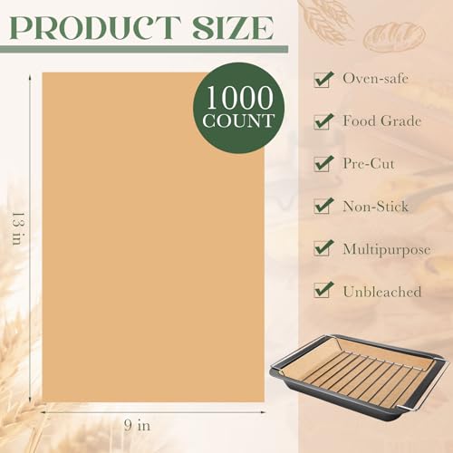MotiMind 1000 Pcs 9x13 Inch Unbleached Parchment Paper Sheets, Bulk Precut Parchment Paper for Baking, Non-stick Flat Baking Sheets for Cookies, Cooking, Grilling, Air Fryer, Steaming, Oven