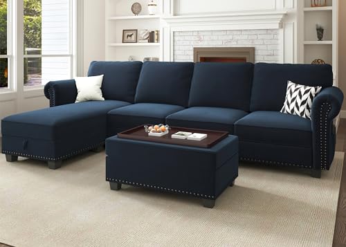 Nolany Velvet Sectional Sofa Set, L Shaped Sectional Couch with Storage Tray Ottoman Convertible 4 Seater Sofa Couch for Living Room, Dark Blue
