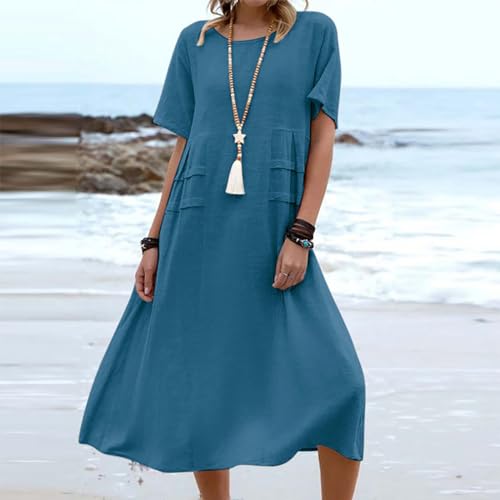 Dresses for Women 2024 Casual Summer Cotton Linen Dress with Pocket Short Sleeve Long Dress Solid Crew Neck Dress2