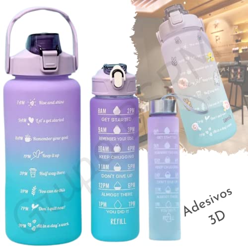 Garrafa De Água Squeeze Galão 2l Litros Motivacional Academia Kit 3 Garrafas Colorida Antivazamento