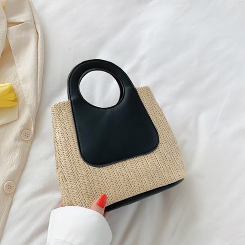 Bolso tote retro de paja para mujer, bolso de mano tejido con bloques de color, bolso grande con asas superiores y bandolera para primavera y verano miniatura 5