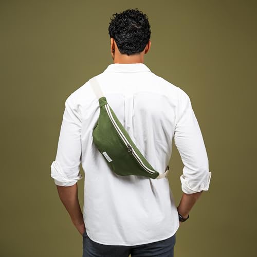 Image of The Peacock Crew Canvas Crossbody Sling Bag for Men & Women - Adjustable Strap, Dual Zippers Left /Right Handed, Secure Everyday Travel Fanny Pack Shoulder Pouch, Trekker Camo Green, 14.5 x 6.3 x 3.6