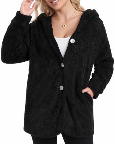 MANGOPOP Womens Fleece Jacket 2025 Winter Oversized Fuzzy Hooded Coat Button Cardigan Sherpa Sweaters Outerwear with Pockets