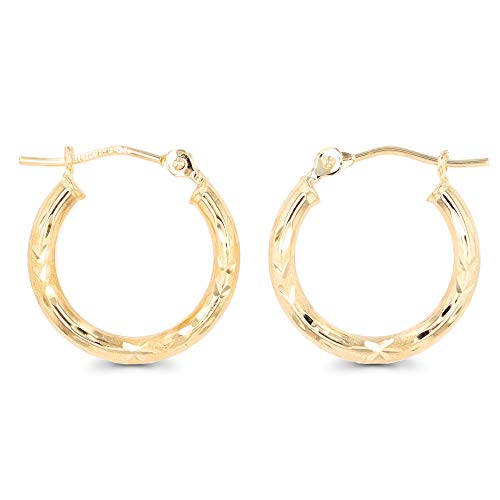 Solid 14K Yellow Gold Diamond Star Cut Hoop Earrings With Hinged Clasp | 2X15Mm Hoop | Hypoallergenic Hoops For Sensitive Ears | Round Star Diamond Cut Earrings For Women #TOP1