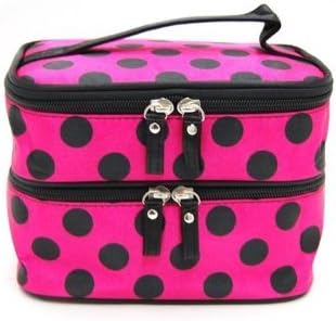 Icon Double Layer Dots Pattern Travel Toiletry Cosmetic Bag Makeup Organizer Travel Case With Mirror (Rose Red with Black dot)