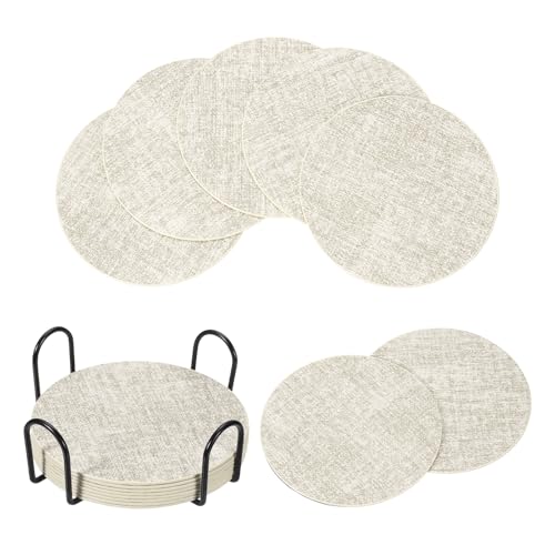 uxcell 8Pcs Drink Coasters with Holder, 4"x4" PVC Dual Sided Round Coasters Non-Slip Non-Stick Waterproof Cup Coasters for Drinks, Coffee Table, Home Decor, Beige by uxcell - Used condition - CA$12.12
