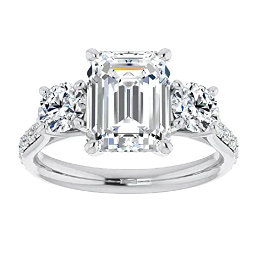 3 Ct Emerald Cut Colorless Moissanite Engagement Ring Set Wedding Bridal Ring Set Solitaire 10K 14K 18K Rose/Yellow/White Gold Sterling Vintage Silver Promise (925 Silver (White Gold Plated)) #TOP1