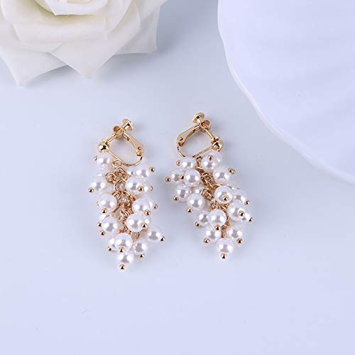 Pendientes con Clip de Perlas de imitación para Mujer, racimos de Uvas, Colgantes de Lujo sin Perforaciones, Clip para Oreja para Fiesta de Boda