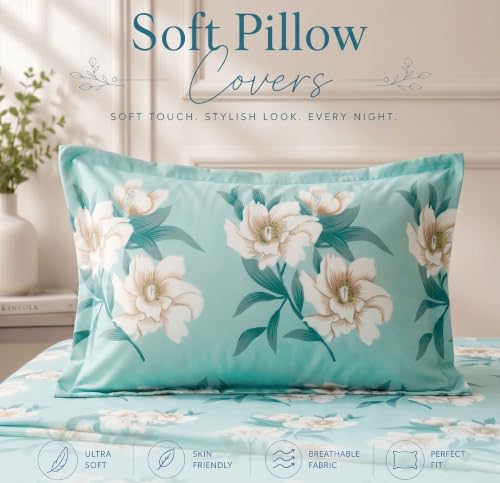 Image of BSB HOME 210 TC Cotton Feel Single Bedsheet with 1 Pillow Cover, Soft & Breathable Floral Printed Bed Sheet, Fade Resistant, Bedding for Home & Bedroom, 60 x 90 Inches (152 x 229 cm) (Seafoam Green)