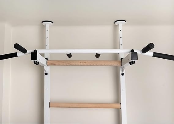 521W Wallbars, Stall Bars, Swedish Ladder, Gymnastic Ladder with Fixed Steel 6-Grip Pull Up Bar, Floor to Ceiling or Wall Mounting for Suspension Training and Stretching, Home, Gym