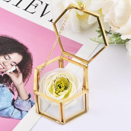 Anseom Glas Schmuckschatulle, Ringbox Vintage Schmuckschatulle aus Glas Geometrische Ringschatulle Ringbox Hochzeit Schmuckschatulle für Schmuck Ringe Armbänder Ohrringe Blume (Gold)