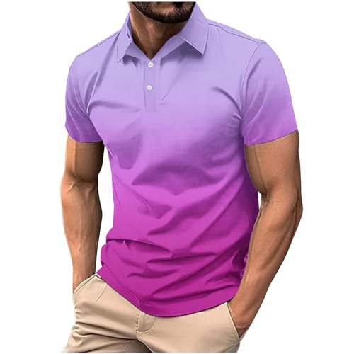 Mens Dress Shirts Big and Tall Mens Polo Shirts Short Sleeve Gradient Color Gym Workout Golf T-Shirt Casual Fashion V Neck Button Down Tops 2025 Men's Button up Shirts Summer Purple M