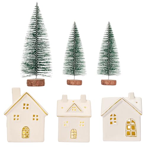 DN DECONATION Weihnachtsdorf Deko Set 6-teilig – 3 weiße & goldene...