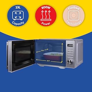 Russell Hobbs 23L Flatbed Digital Microwave with 800W Power, 8 Auto-Cook Menus, Defrost Function and Child Lock in Silver, RHFM2365S
