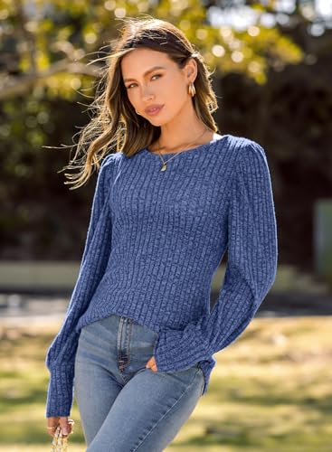 Image of MIHOLL Women's Puff Long Sleeve Shirts Casual Knit Blouses Crew Neck Elegant Tunic Tops
