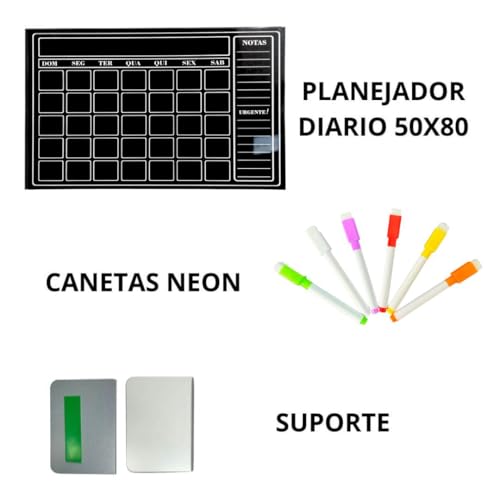 Planejador Mensal Quadro de Metal Preto, 50x80cm, com 6 Canetas Neon + Fixador de parede sem furos