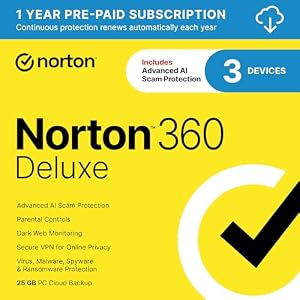 Norton 360 Deluxe, Antivirus software for 3 Devices with Auto-Renewal – Includes Advanced AI Scam Protection, VPN, Dark Web Monitoring & PC Cloud Backup [Download]