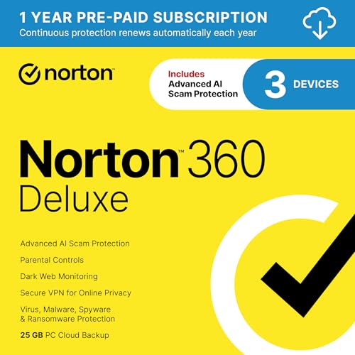 Norton 360 Deluxe Antivirus, 3 Devices, Auto-Renews [Download] | Includes AI Scam Protection, Advanced VPN, Dark Web Monitoring, & PC Cloud Backup