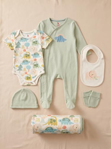 Image of 6 Pcs Clothing Gift Set with Box, 100% Cotton Soft & Breathable 6-Piece Layette Set with Bodysuit, Romper, Bib, Cap, Mittens & Swaddle, 0-12 Months, All-Season Wear