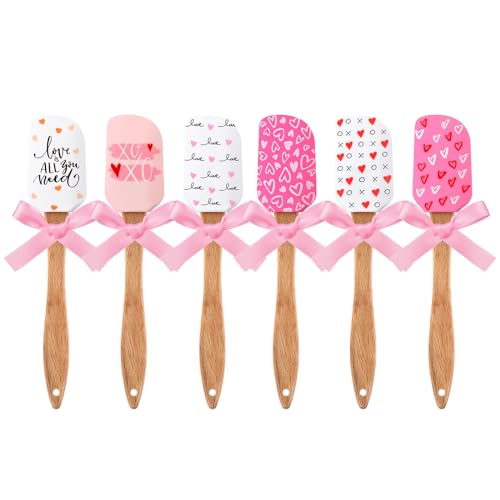 6 Pcs Valentine's Day Silicone Spatula Heart Pattern Holiday Spatulas Heat Resistant Cute Spatula with Wooden Handle Sweet Silicone Scraper with Pink Satin Ribbon Bows for Wedding Valentine's Dinner