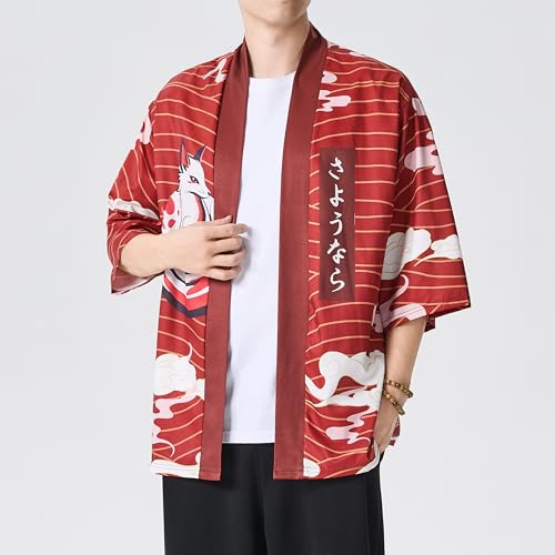 Image of PRIJOUHE Men's Lightweight Kimono Jacket Seven Sleeve Open Front Cardigan Coat Japanese Style Bathrobe