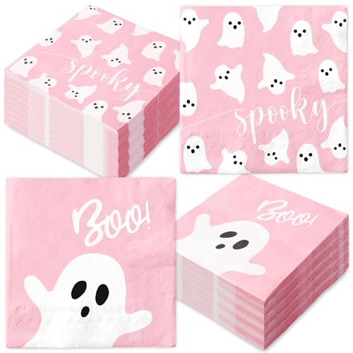 JarThenaAMCS 100 servilletas de papel desechables de Halloween con estampado de fantasmas rosas de doble cara para postre, cena, servilletas de mano para suministros de fiesta