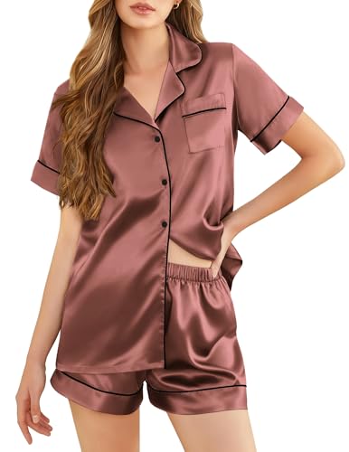 Image of Silk Pajamas for Women Short Sleeve Sleepwear Soft Button Down Loungewear 2 Piece Satin Pjs Shorts Set S-XXL