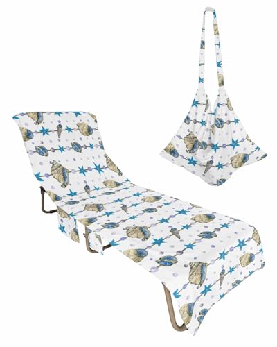 Sea Starfish Beach Chair Towel Covers for Chaise Lounge with Side Pocket, Soft Plush Pool Towels Cover for Patio Sunbathing Outdoor 29''x85'' Ocean Shell Pearl Watercolor Blue White