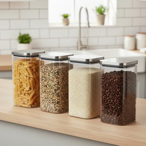 Image of ginoya brothers Airtight Borosilicate Glass Square Jar With Wooden Or Steel Lid Multi-Size, Container for Spices, Coffee, Grains, Snacks & Kitchen Organization (2, STEEL LID, 790 ML)
