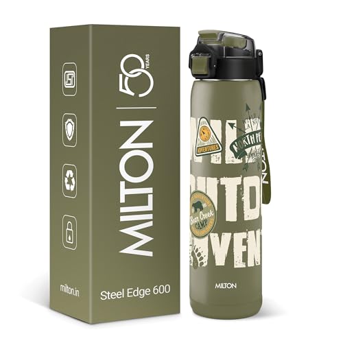Image of Milton Steel Edge 600 Thermoware Water Bottle 500 ml with One Touch Safety Lock & Twin Lid Sip or Gulp,Long Hours Hot & Cold,Leak Proof,ISI Certified,Vacuum Insulated,Office,Gym,School,Military Green