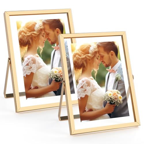 Golden State Art 2 Pack 5x7 Inch Metal Picture Frames for 4x6, 3x5 Floating Photos, with Real Glass and Pull-Out Easel Stand for Tabletop Display (Vertical) - Light Gold